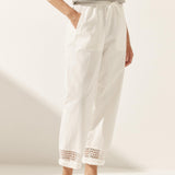 Linen Hollow Lace Stitching Elastic Waist Ankle Length Pants RITA