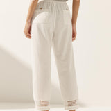 Linen Hollow Lace Stitching Elastic Waist Ankle Length Pants RITA