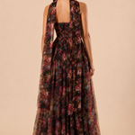 "Dark floral tulle strapless maxi dress with sweetheart bodice and detachable sheer scarf."
