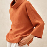 100% Linen Dropped Collar Long-Sleeve Top TRISTAN