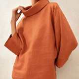 100% Linen Dropped Collar Long-Sleeve Top TRISTAN