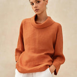 100% Linen Dropped Collar Long-Sleeve Top TRISTAN