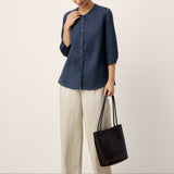 100% Linen Sculpted Accordion Pleat Crew Neck Shirt RANA