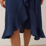 100% Linen V-Neck One-Piece Ruffle Hem Midi Dress MAYA