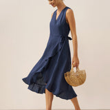 100% Linen V-Neck One-Piece Ruffle Hem Midi Dress MAYA