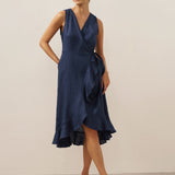 100% Linen V-Neck One-Piece Ruffle Hem Midi Dress MAYA