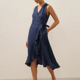 100% Linen V-Neck One-Piece Ruffle Hem Midi Dress MAYA