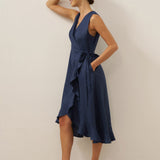 100% Linen V-Neck One-Piece Ruffle Hem Midi Dress MAYA