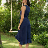 100% Linen V-Neck One-Piece Ruffle Hem Midi Dress MAYA