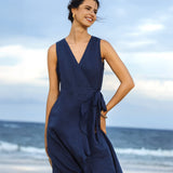 100% Linen V-Neck One-Piece Ruffle Hem Midi Dress MAYA