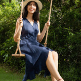 100% Linen V-Neck One-Piece Ruffle Hem Midi Dress MAYA