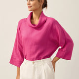 100% Linen Dropped Collar Long-Sleeve Top TRISTAN