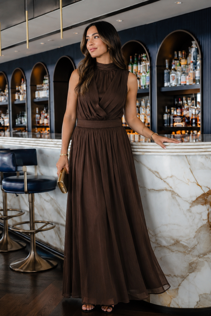 Flying Tomato Espresso Gathered Glow Woven Maxi Dress in brown