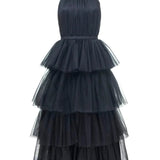 Ruffle Layered tulle Hem Haltered A-line tutu French style long prom dress