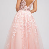 Juliet 224 V-Neck and Back Embroidered Tulle A-Line Ball Gown