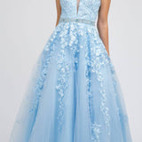 Juliet 224 V-Neck and Back Embroidered Tulle A-Line Ball Gown