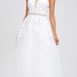 Juliet 224 V-Neck and Back Embroidered Tulle A-Line Ball Gown