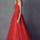 Juliet 224 V-Neck and Back Embroidered Tulle A-Line Ball Gown