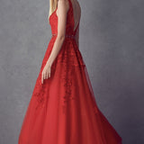 Juliet 224 V-Neck and Back Embroidered Tulle A-Line Ball Gown