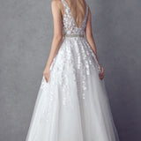 Juliet 224 V-Neck and Back Embroidered Tulle A-Line Ball Gown