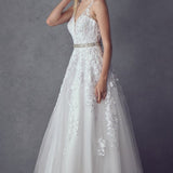 Juliet 224 V-Neck and Back Embroidered Tulle A-Line Ball Gown