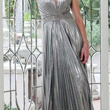Juliet 226 Metallic Pleated Long Dress A-Line Lace-Up Back