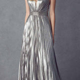Juliet 226 Metallic Pleated Long Dress A-Line Lace-Up Back