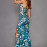 Juliet JT2505A Long Floral Applique Fitted Print Gown