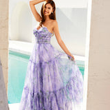 Juliet JT2507A Long Strapless Sweetheart Print Tiered Skirt Gown
