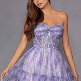 Juliet JT2507A Long Strapless Sweetheart Print Tiered Skirt Gown