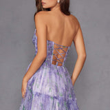 Juliet JT2507A Long Strapless Sweetheart Print Tiered Skirt Gown