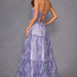 Juliet JT2507A Long Strapless Sweetheart Print Tiered Skirt Gown