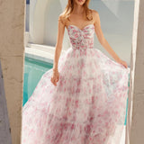 Juliet JT2507A Long Strapless Sweetheart Print Tiered Skirt Gown