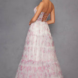Juliet JT2507A Long Strapless Sweetheart Print Tiered Skirt Gown