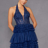 Juliet JT2556S Halter V-Neckline Layered Tulle Slit A-Line Gown