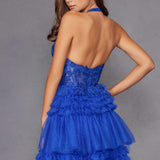 Juliet JT2556S Halter V-Neckline Layered Tulle Slit A-Line Gown