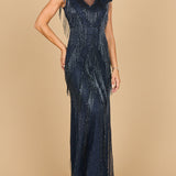 Beaded Fringe V-Neckline Dress with Cap Sleeves | Lara 28858