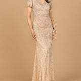 Short Sleeve Sheath Beaded Gown