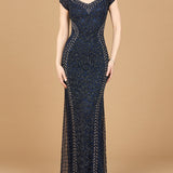 Beaded Mermaid Cap Sleeve Gown