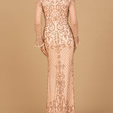 Beaded Long Sleeve V-neck Gown