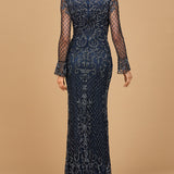 Beaded Long Sleeve V-neck Gown