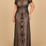 Beaded Cap Sleeve Illusion Plunge Gown | Lara 28869