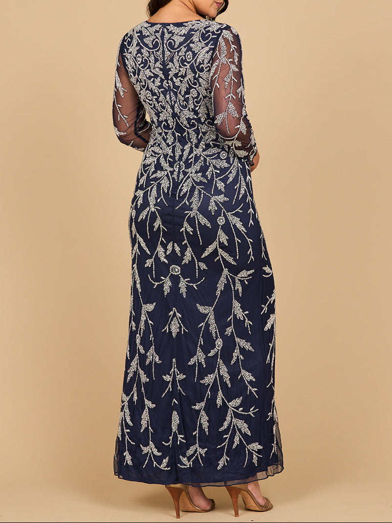 Lara 28870-  Long Sleeve Contrast Beaded Gown