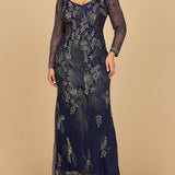Long Sleeve Queen Anne Beaded Gown