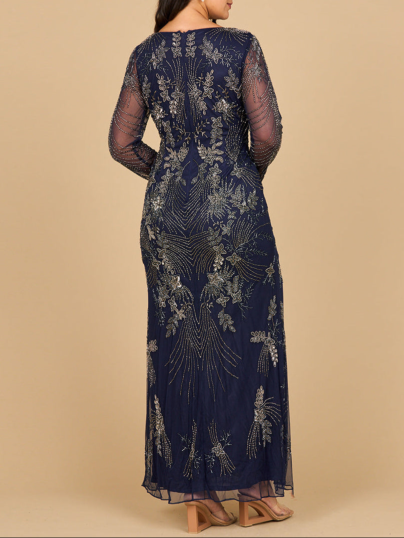 Long Sleeve Queen Anne Beaded Gown
