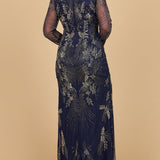 Long Sleeve Queen Anne Beaded Gown