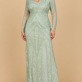 Lara 28875-  Long Sleeve Geometric Beaded Gown