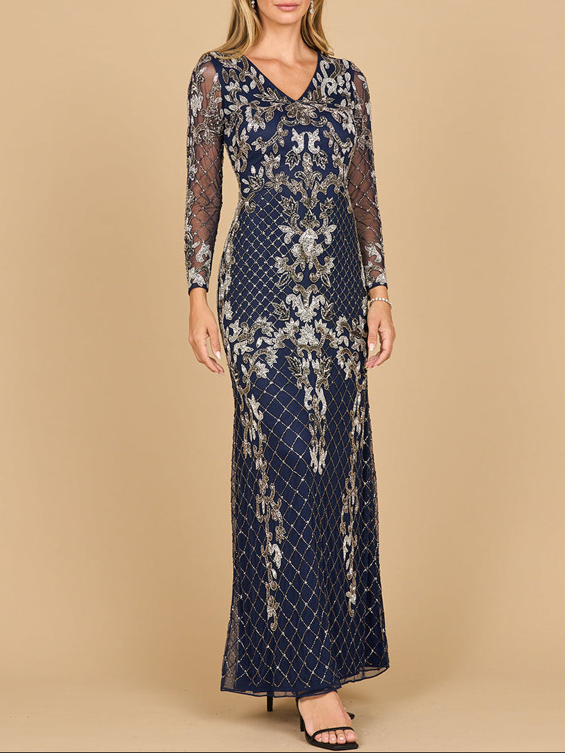 Lara 28877-  Long Sleeve Contrast Beaded Gown