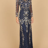 Lara 28877-  Long Sleeve Contrast Beaded Gown