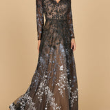Lara 28878- Long Sleeve V-Neck Ombre Lace Gown